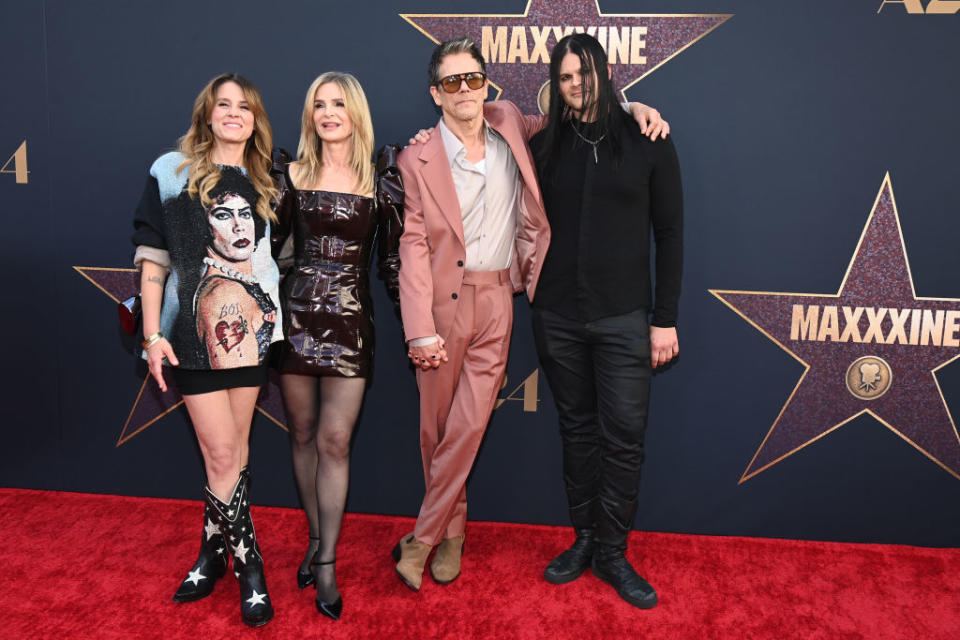 HOLLYWOOD, CALIFORNIA - JUNE 24: Sosie Bacon, Kyra Sedgwick, Kevin Bacon and Travis Bacon attend the World Premiere Of A24's "MAXXXINE" at TCL Chinese Theatre on June 24, 2024 in Hollywood, California. (Photo by Araya Doheny/FilmMagic)