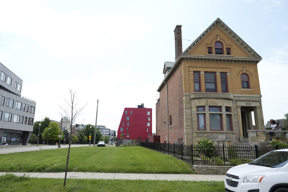 Development in the Brush Park neighborhood is seen, Wednesday, July 12, 2023, in Detroit. The city entered 2014 in bankruptcy, facing $18 billion or more in debt. A decade later, the Motor City has risen from the ashes of insolvency, with balanced budgets, revenue increases and millions of dollars socked away. (AP Photo/Carlos Osorio)