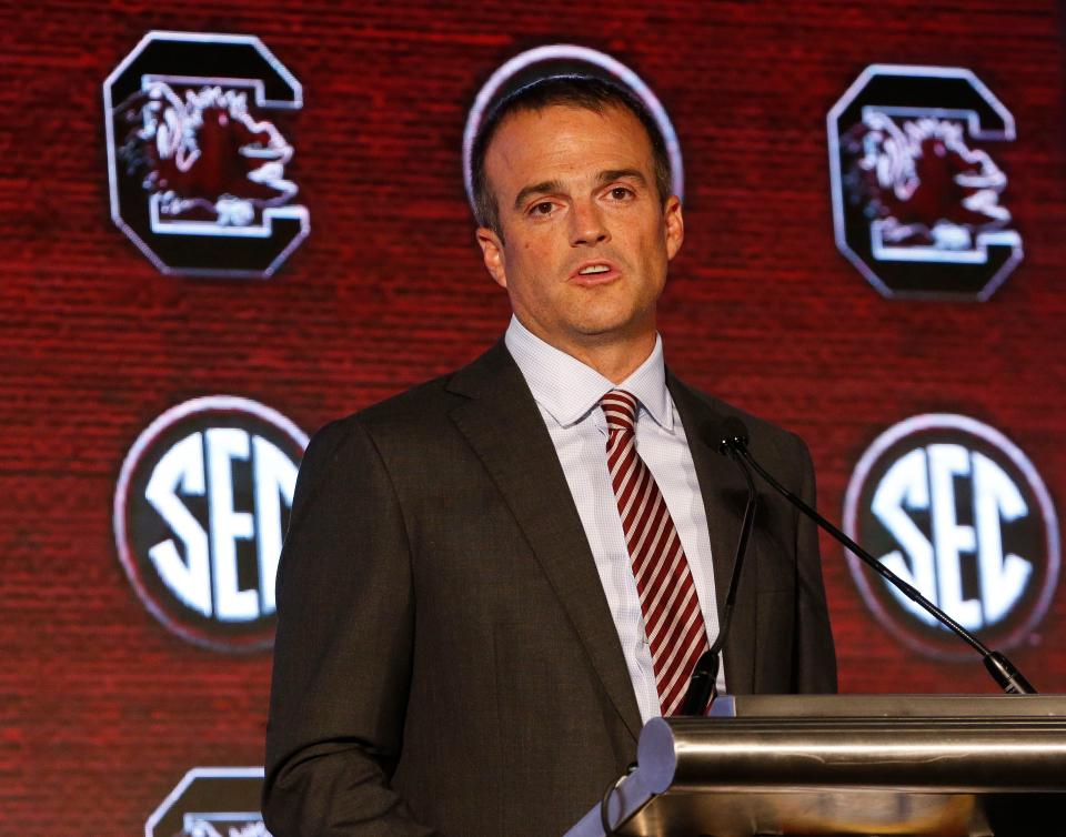 South Carolina Head Coach Shane Beamer speaks to the media during SEC Media Days at the Hyatt Regency in Hoover, Ala., Monday, July 19, 2021. [Staff Photo/Gary Cosby Jr.]