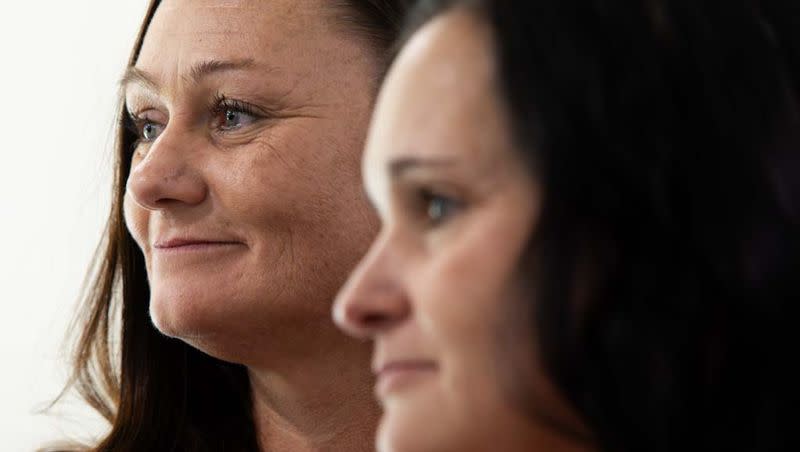 Brandy Funk, left, and Brittney Garcia, survivors of human trafficking and members of the Aspen Magdalene board, talk about the house and their experiences at the future property for the Aspen Magdalene House, Utah’s first home to provide shelter, therapy and case management for human trafficking survivors, in Salt Lake County on Friday, Oct. 27, 2023.