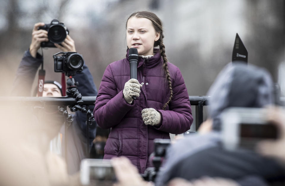 Swedish climate activist Greta Thunberg attends the 'Friday For Future' rally in Berlin, Germany, Friday, March 29, 2019. Thousands of students are gathering in the German capital, skipping school to take part in a rally demanding action against climate change. (Michael Kappeler/dpa via AP)