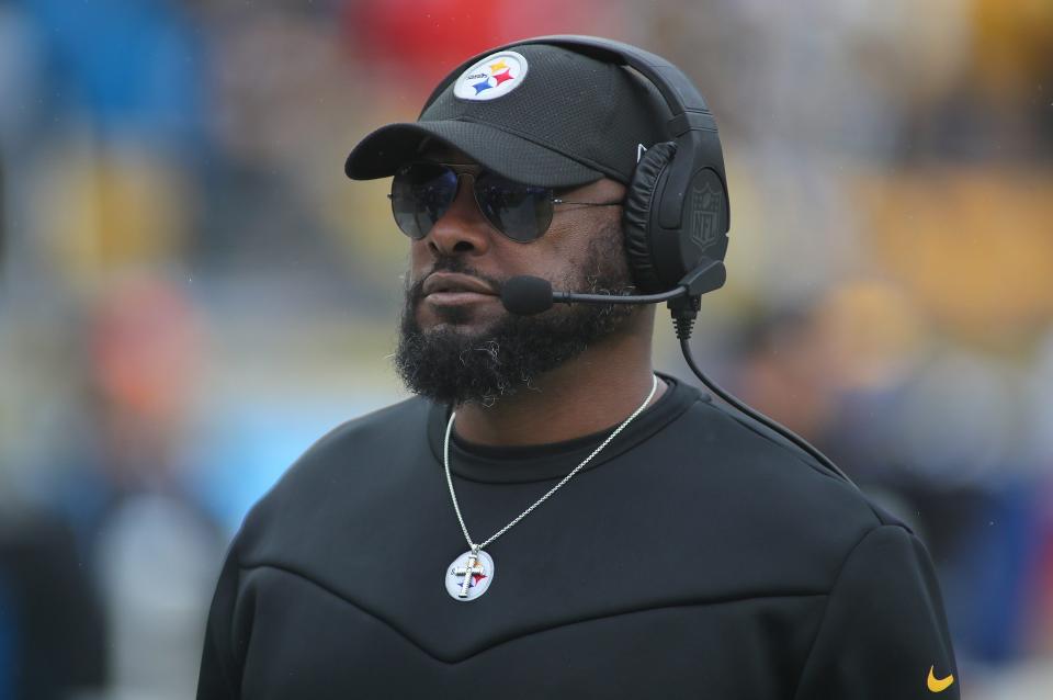 Pittsburgh Steelers head coach Mike Tomlin roams the sidelines during player introductions prior to the start of the game against the Jacksonville Jaguars at Acrisure Stadium in Pittsburgh, PA on October 29, 2023.
