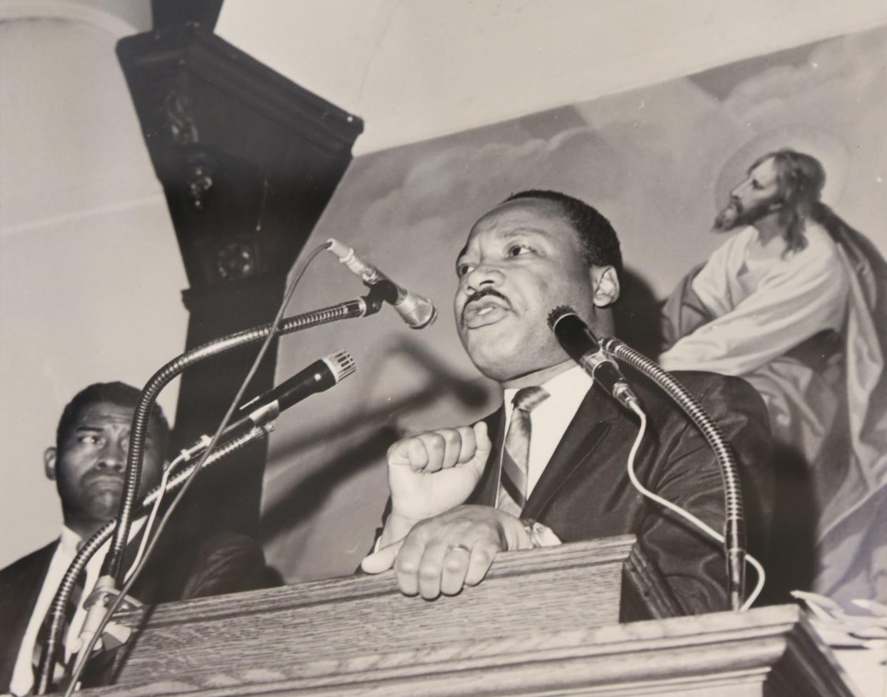 Wayne, NJ -- January 4, 2024 -- Jimmy Richardson's Martin Luther King Day exhibit, that opens this week at the Wayne Public Library. The exhibition will showcase photos and documents of King.This photo has Martin Luther King speaking at a church in Paterson.