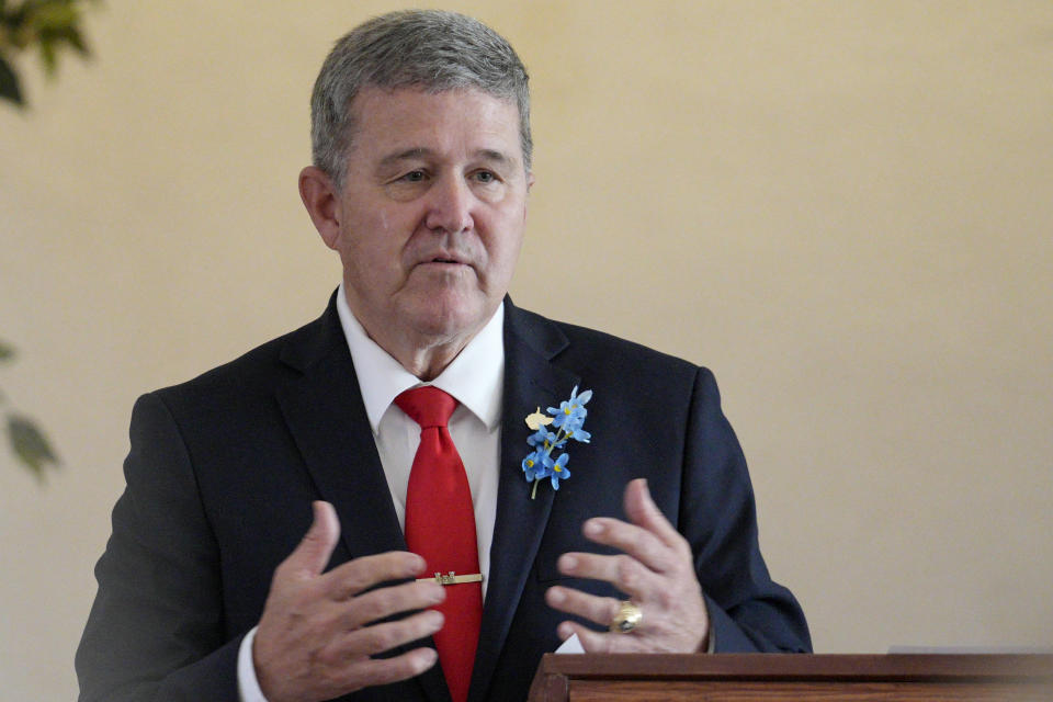 FILE - West Virginia gubernatorial candidate Mac Warner speaks to supporters at a campaign event at the Charleston Women's Club in Charleston, W.Va., Thursday, May 4, 2023. When West Virginia Republican primary voters head to the polls Tuesday, May 14, 2024, they'll have a hard time finding a major candidate on the ballot in any statewide race who openly acknowledges U.S. President Joe Biden as the winner of the 2020 election. (AP Photo/Jeff Dean, File)