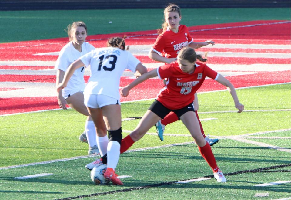 Kami Morse defends for Bedford during a soccer game against Ann Arbor Huron on Tuesday, April 30, 2024.