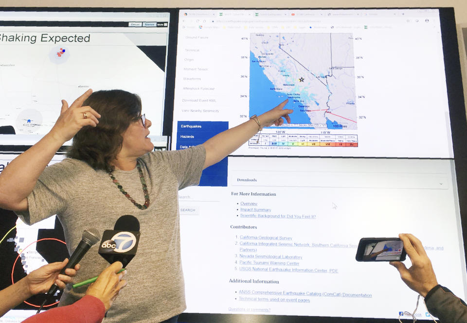 Seismologist Lucy Jones talks during a news conference at the Caltech Seismological Laboratory in Pasadena, Calif., Thursday, July 4, 2019. A strong earthquake rattled a large swath of Southern California and parts of Nevada on Thursday morning, making hanging lamps sway and photo frames on walls shake. There were no immediate reports of damage or injuries but a swarm of aftershocks were reported. | John Antczak—AP