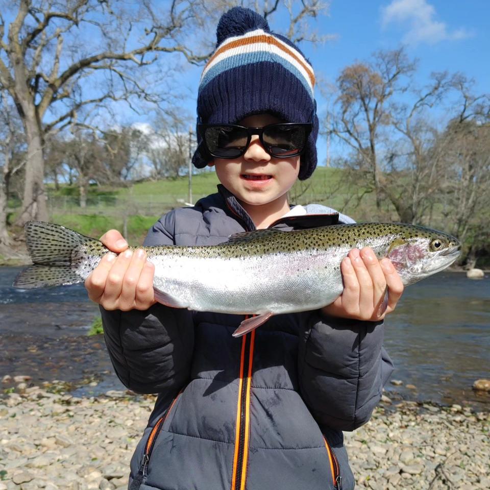 Young Bodhi caught and released this chrome-bright steelhead while fishing on the Mokelumne River on February 9, 2024.