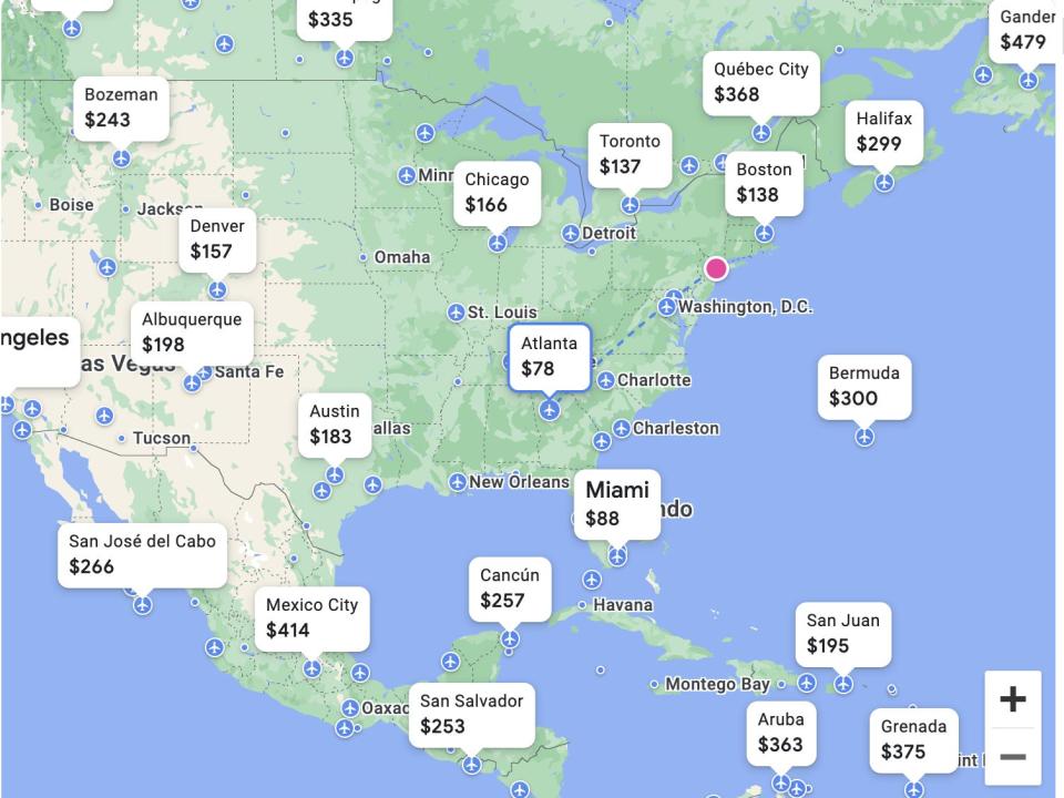 A screenshot of Google Flights' map feature where the prices of flights to multiple destinations across the US and Mexico are displayed.