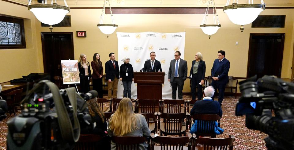 House Speaker Mike Schultz, R-Hooper, joins with members of the House Majority Caucus to review policy priorities and answer questions at the Capitol in Salt Lake City on Wednesday, Jan. 10, 2024. | Scott G Winterton, Deseret News