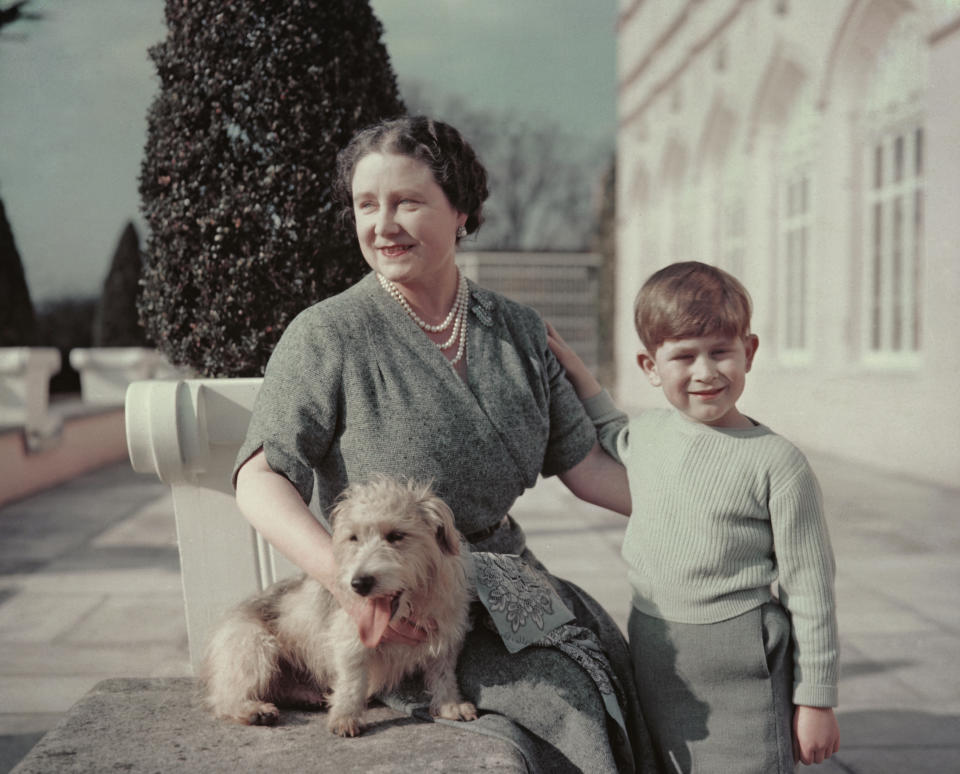 A toddler Charles poses with his grandmother, the Queen Mother, and Pippin the dog in 1950, (Getty Images)