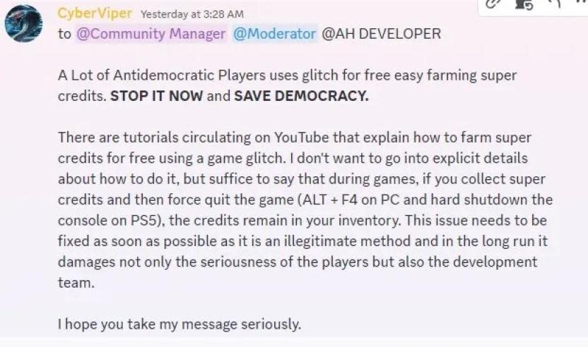 Mensaje del Helldiver pidiendo que quiten el exploit - vía PC Gamer