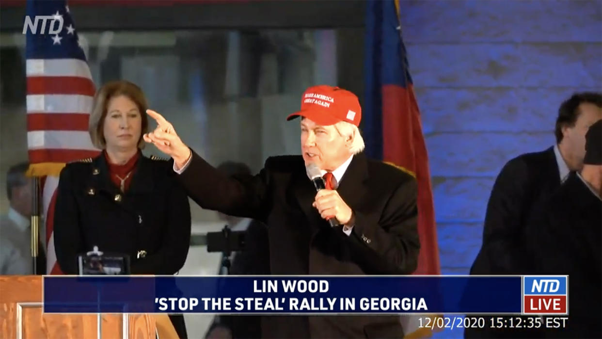 Lin Wood speaks at a "Stop the Steal" rally in Atlanta, Ga. on Decermber 2, 2020. (NTD via YouTube)