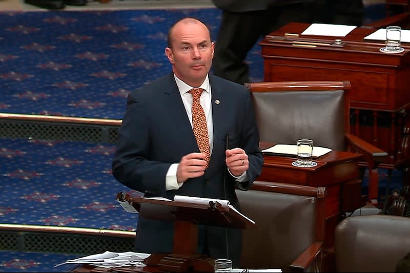 In this image from video from Senate Television, Sen. Mike Lee, R-Utah, speaks after the Senate dismissed both charges in the impeachment trial of Homeland Security Secretary Alejandro Mayorkas on the Senate floor at the U.S. Capitol, Wednesday, April 17, 2024, in Washington.