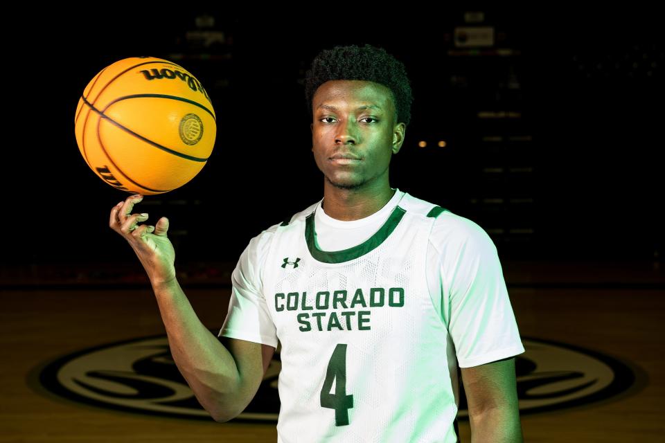 Colorado State men's basketball player Isaiah Stevens poses for a portrait at Moby Arena on Thursday, Feb. 23, 2023.