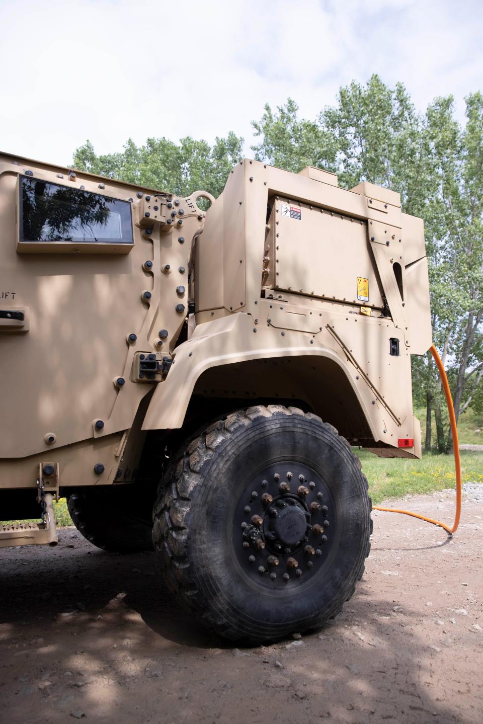 Oshkosh Corp.'s eJLTV model includes the ability to export power from the vehicle to charge other devices.