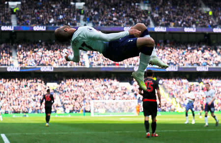 Soccer Football - Premier League - Tottenham Hotspur v Huddersfield Town - Tottenham Hotspur Stadium, London, Britain - April 13, 2019 Tottenham's Lucas Moura celebrates scoring their third goal REUTERS/Eddie Keogh