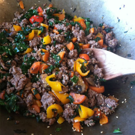 Ground beef stir-fry with coconut black rice.