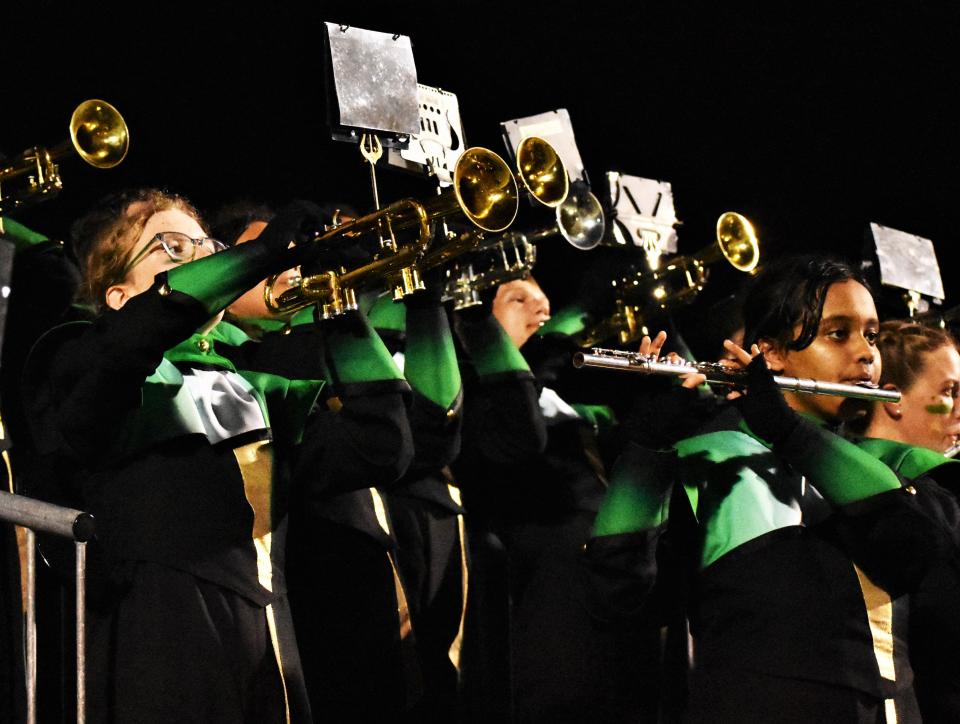The Rock Bridge marching band plays the fight song after a Bruins' touchdown at Rock Bridge High School on Sept. 29, 2023, in Columbia, Mo.