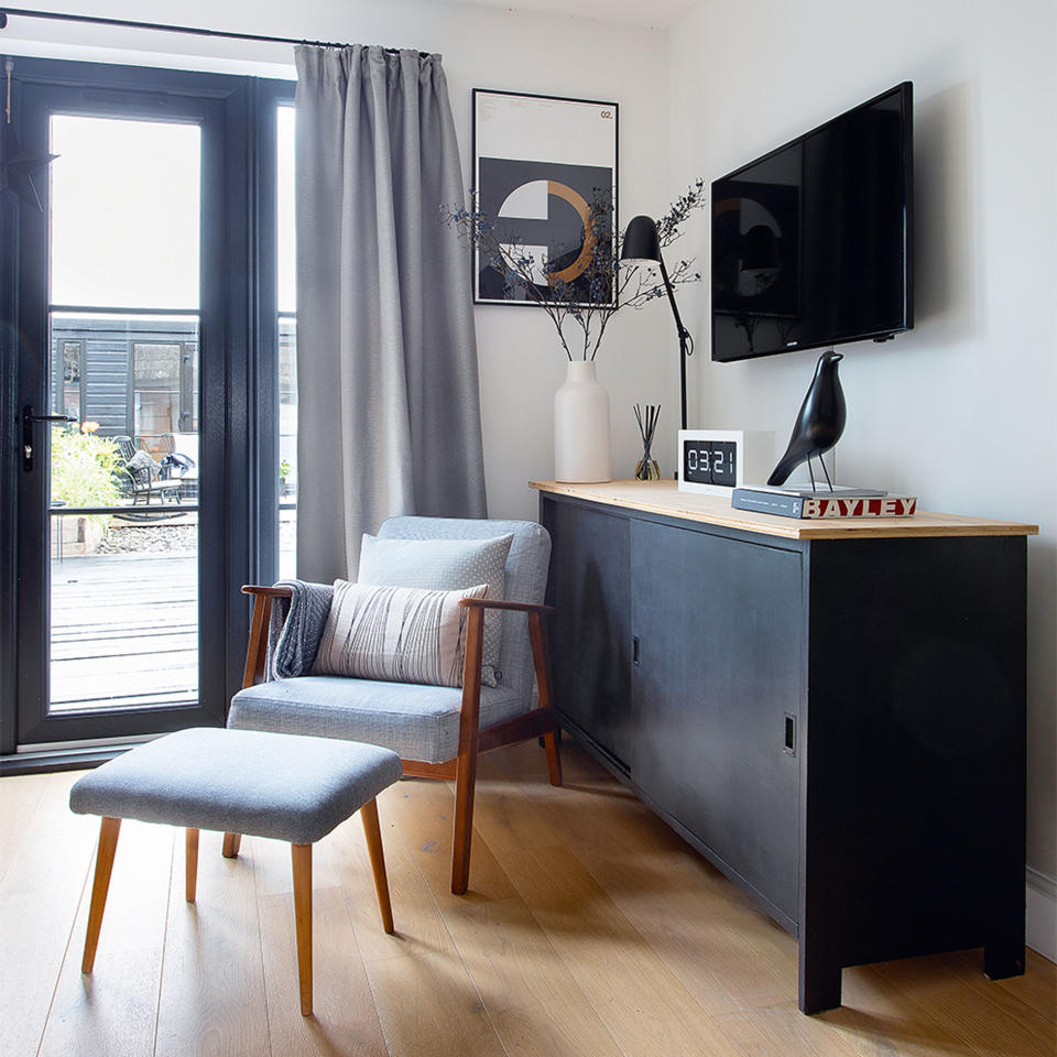 black and white living room with tv