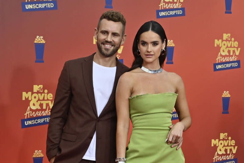 Nick Viall and Natalie Joy attend the 2022 MTV Movie & TV Awards: UNSCRIPTED at Barker Hangar in Santa Monica, Calif. File Photo by Jim Ruymen/UPI