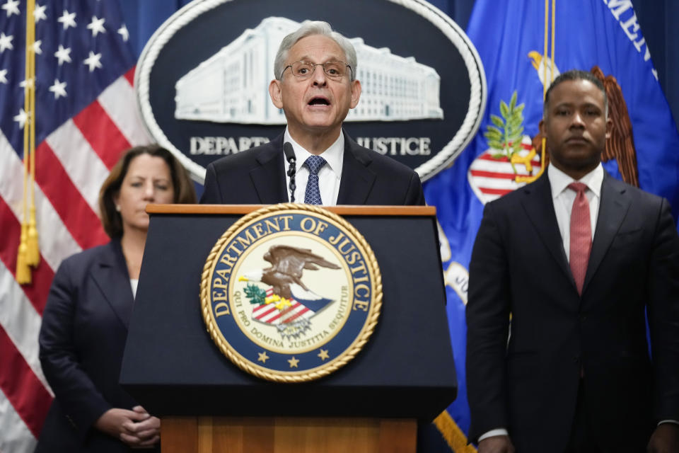 FILE - Attorney General Merrick Garland announces a special counsel to oversee the Justice Department's investigation into the presence of classified documents at former President Donald Trump's Florida estate and aspects of a separate probe involving the Jan. 6 insurrection and efforts to undo the 2020 election, at the Justice Department in Washington, Nov. 18, 2022. At left is Deputy Attorney General Lisa Monaco and Assistant Attorney General for the Criminal Division Kenneth Polite. (AP Photo/Andrew Harnik, File)