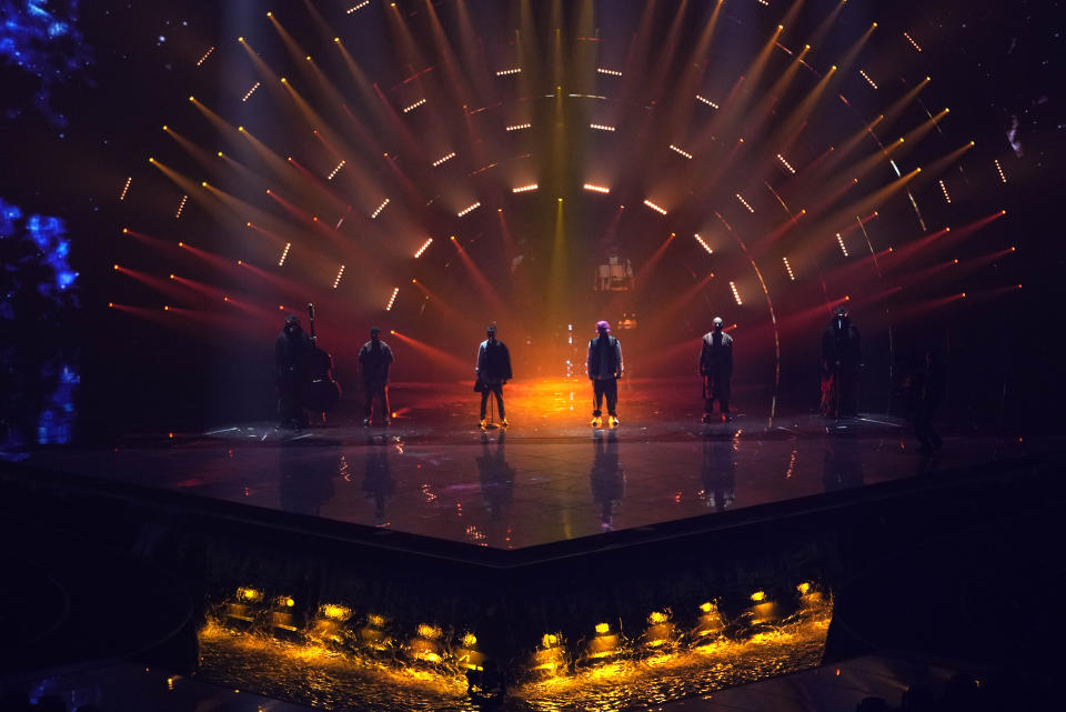 Kalush Orchestra from Ukraine singing Stefania perform during the Grand Final of the Eurovision Song Contest at Palaolimpico arena, in Turin, Italy, Saturday, May 14, 2022. (AP Photo/Luca Bruno)