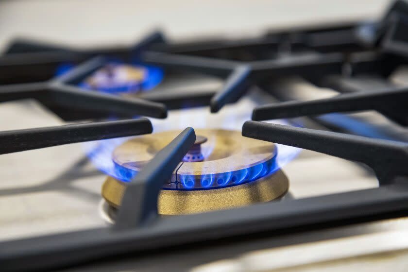 Gas stove on fire, blue flame.