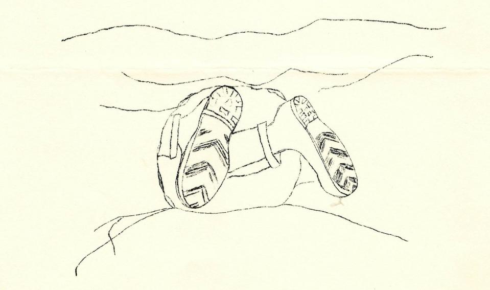 Drawing by George Burhans of a caver disappearing into a cave entrance for The Tri-State Caver.