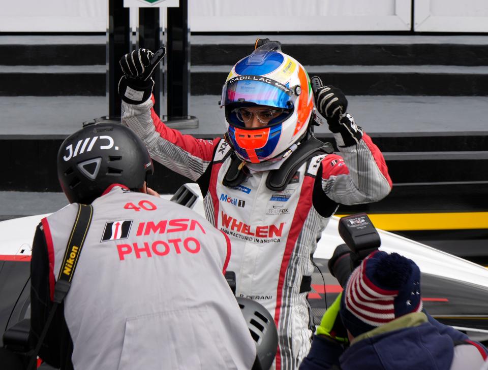 Driver Pipo Derani celebrates after winning the pole during Roar Before the 24 pole qualifying for the Rolex 24 at Daytona at Daytona International Speedway, Sunday, Jan. 21, 2024.