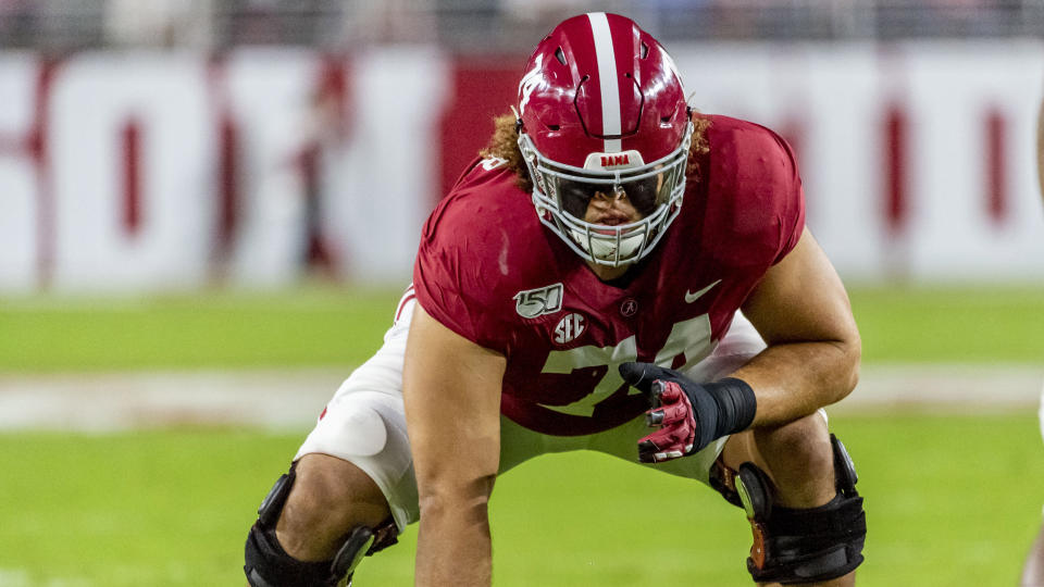 Alabama offensive lineman Jedrick Wills Jr. (74) during the first half of an NCAA college football game against Tennessee, Saturday, Oct. 19, 2019, in Tuscaloosa, Ala. (AP Photo/Vasha Hunt)