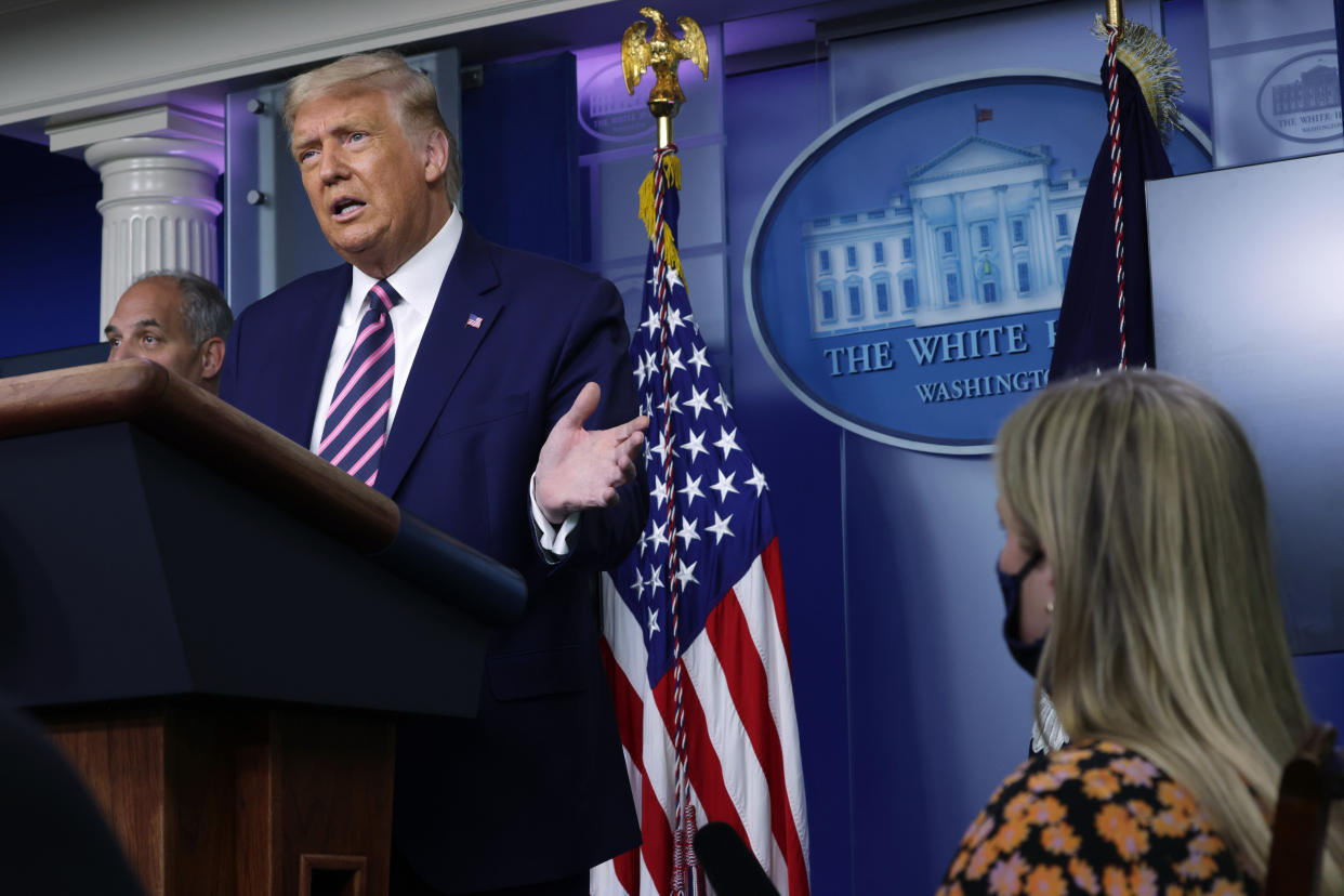President Donald Trump holds a White House news conference Friday. A new HuffPost/YouGov poll indicates 51% of Americans disapprove of the way the president has handled the coronavirus pandemic. (Photo: Alex Wong via Getty Images)