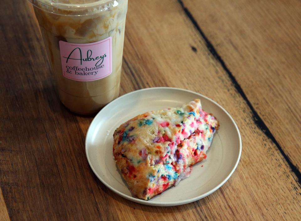 A chilled coffee and colorful scone are some of the choices at Aubrey's Coffee House and Bakery in South Berwick, Maine.