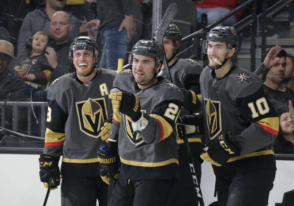 Vegas Golden Knights left wing William Carrier (28) celebrates after scoring a goal against the Florida Panthers during the second period of an NHL hockey game Saturday, Feb. 22, 2020, in Las Vegas. (AP Photo/Marc Sanchez)