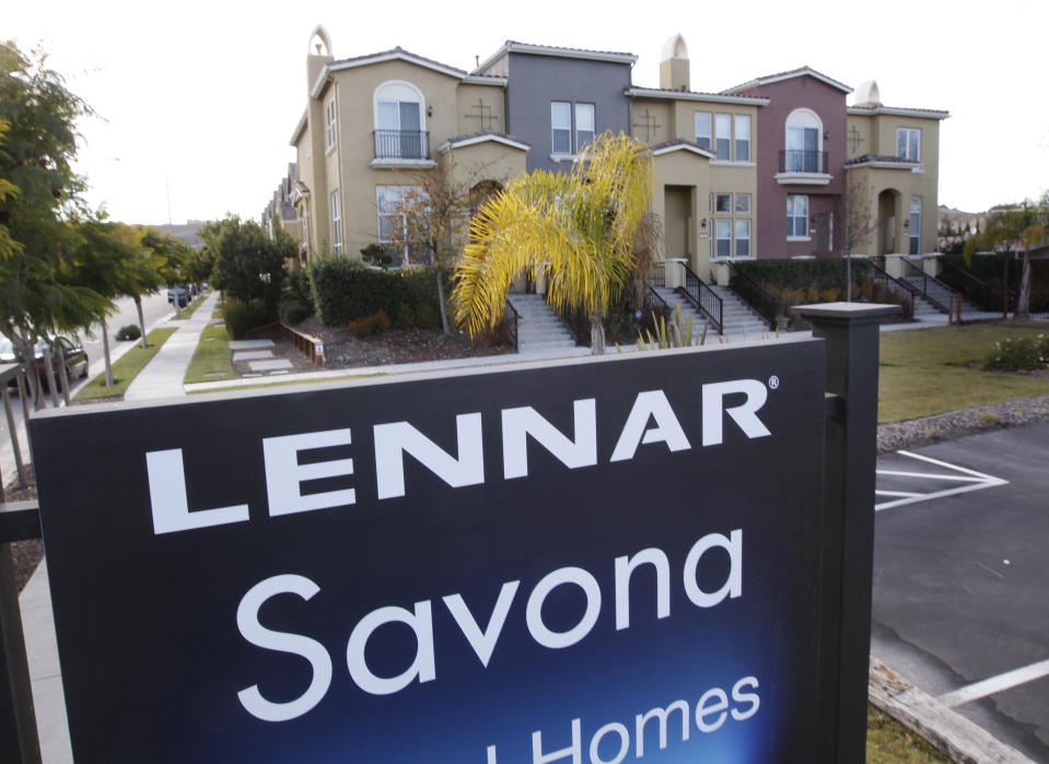 FILE - In this Jan. 6, 2012, file photo, Lennar homes are advertised for sale in San Jose, Calif. Lennar Corp. reports earnings Monday, Dec. 19, 2016. (AP Photo/Paul Sakuma, File)