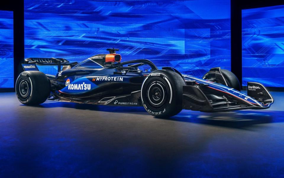 A handout picture taken on January 29, 2024 in Grove, central England, and released by Williams Racing on February 5, 2024 shows the new livery for the Williams Racing FW46 Formula One racing car,