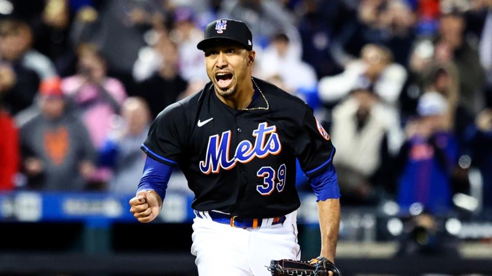 Apr 29, 2022;  New York City, New York, USA;  New York Mets relief pitcher Edwin Diaz (39) reacts to his part in the combined no-hitter in the ninth inning against the Philadelphia Phillies at Citi Field.  Mandatory Credit: Jessica Alcheh-USA TODAY Sports