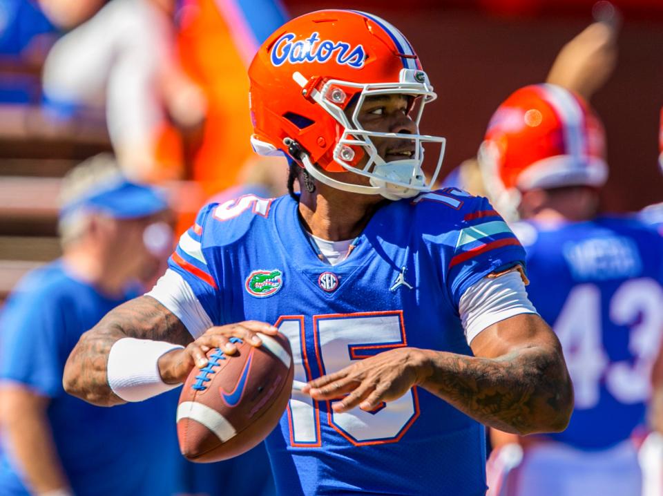 Florida Gators quarterback Anthony Richardson warms up before the game against the Eastern Washington Eagles at Ben Hill Griffin Stadium in Gainesville on Oct. 2.