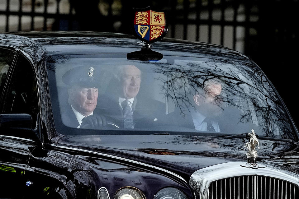 King Charles III leaves Clarence House by car in London, Tuesday, Feb. 6, 2024. Buckingham Palace announced Monday evening that the king has begun outpatient treatment for an undisclosed form of cancer. The king's cancer diagnosis heaps more pressure on the British monarchy, which is still evolving after the 70-year reign of the late Queen Elizabeth II. When he succeeded his mother 18 months ago, Charles' task was to demonstrate that the 1,000-year-old institution remains relevant in a modern nation whose citizens come from all corners of the globe. Now the king, who turned 75 in November, will have to lead that effort while undergoing treatment for cancer. (AP Photo/Frank Augstein)