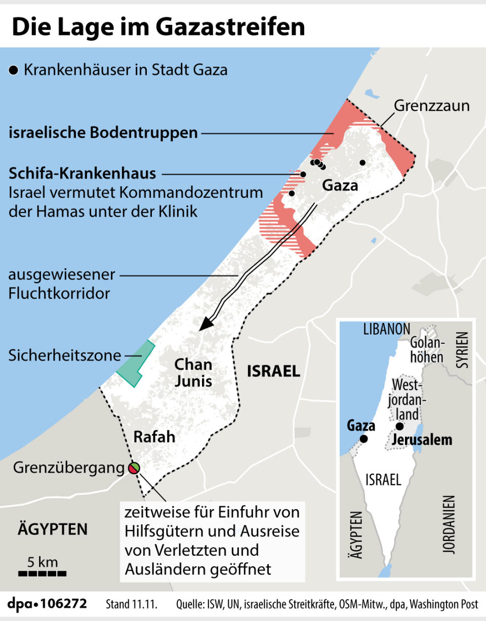 Karte zur Situation im Gazastreifen mit den Krankenhäusern in Gaza-Stadt (Grafik: P. Massow/J. Reschke, Redaktion: A. Brühl)
