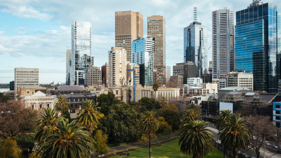 The city of East Melbourne on a cloudy day.