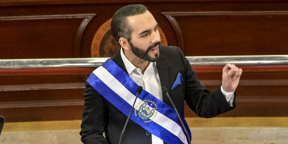 Salvadoran President Nayib Bukele gestures during a speech for his second anniversary in power on June 1, 2021