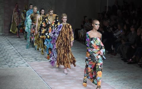 Model Adwoa Aboah leads the show finale of the Richard Quinn runway - Credit: Getty