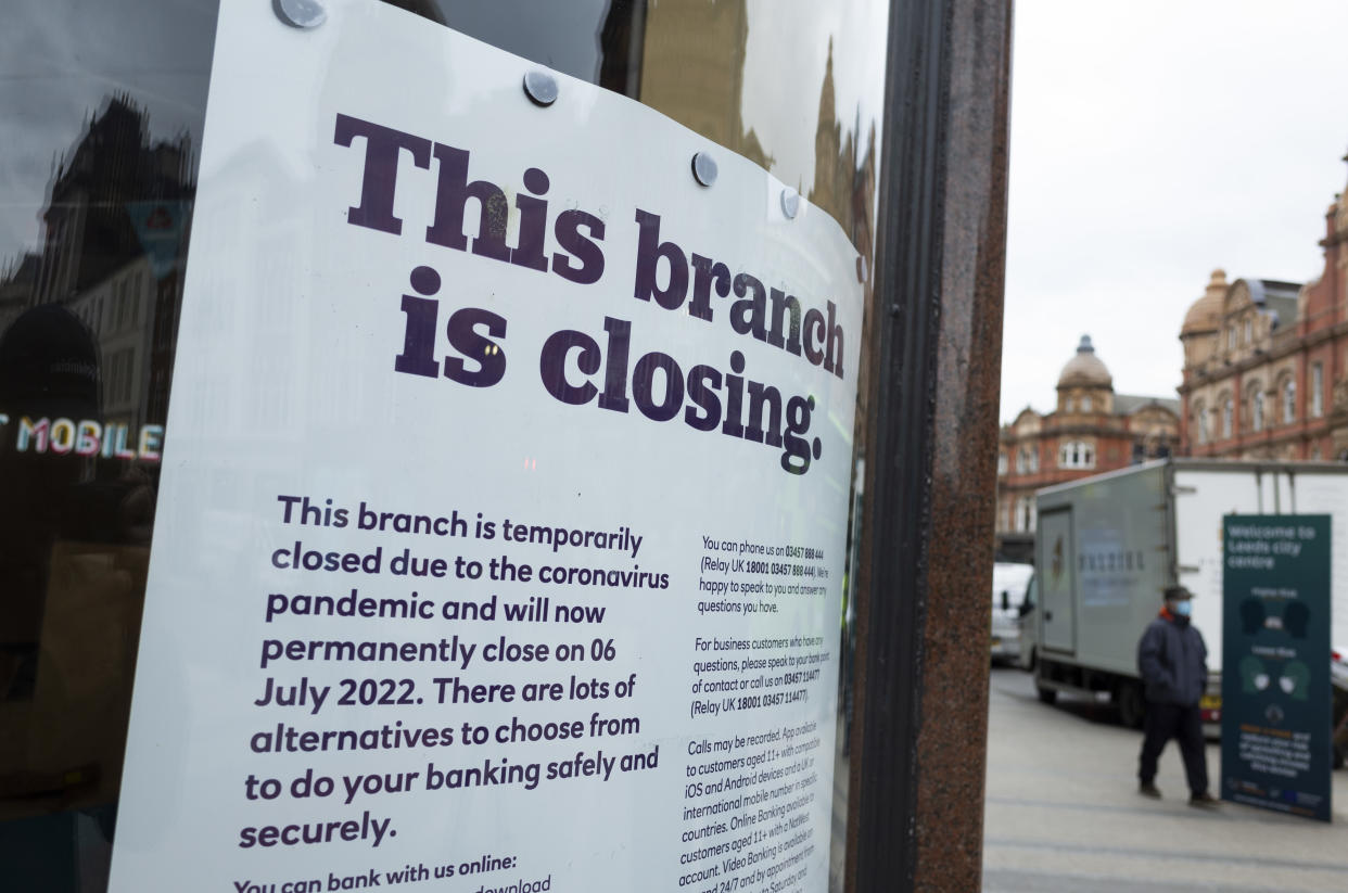 A notice on display in the window of a closed branch of NatWest, a popular British high street bank, informs the public of the reasons for its closure as the bank intends to shutter 32 of its branches permanently, with banks moving to focus investment on digital services on 11th March, 2022 in Leeds, United Kingdom. (photo by Daniel Harvey Gonzalez/In Pictures via Getty Images)
