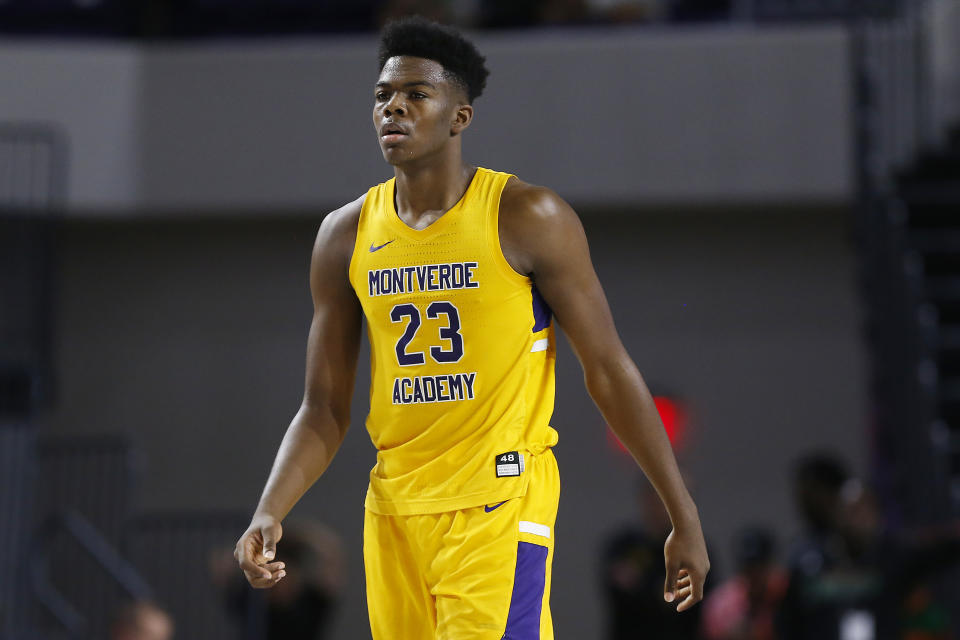 Day'ron Sharpe #23 of Montverde Academy looks on during the City of Palms Classic at Suncoast Credit Union Arena on Dec. 19, 2019 in Fort Myers, Florida. (Michael Reaves/Getty Images)