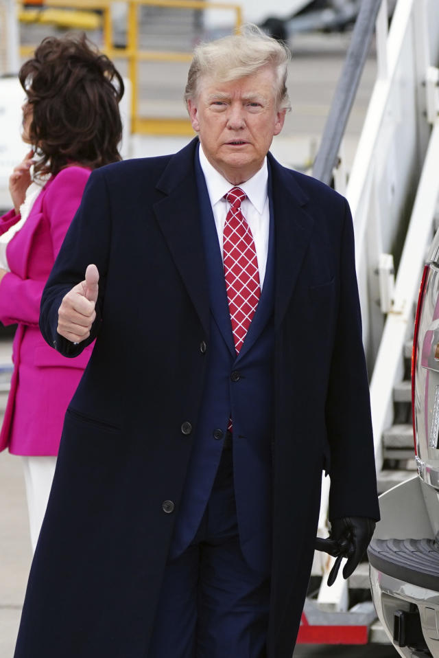 Former US president Donald Trump arrives at Aberdeen International Airport ahead of his visit to the Trump International Golf Links Aberdeen, in Dyce, Aberdeen, Scotland, Monday May 1, 2023. (Jane Barlow/PA via AP)