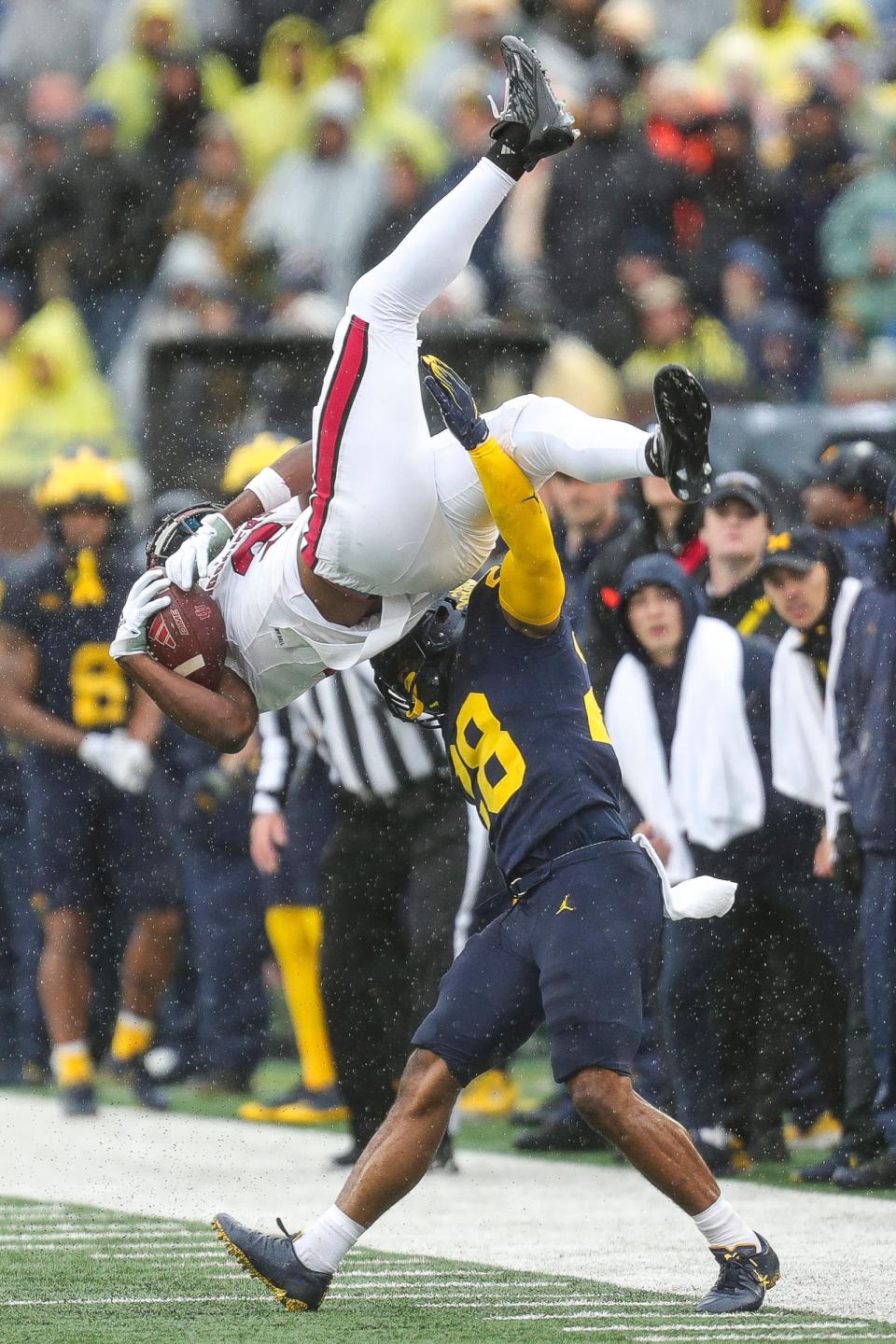 Indiana wide receiver Omar Cooper Jr. makes catch against Michigan defensive back Quinten Johnson during the second half of U-M's 52-7 win over Indiana on Saturday, Oct. 14, 2023, in Ann Arbor.