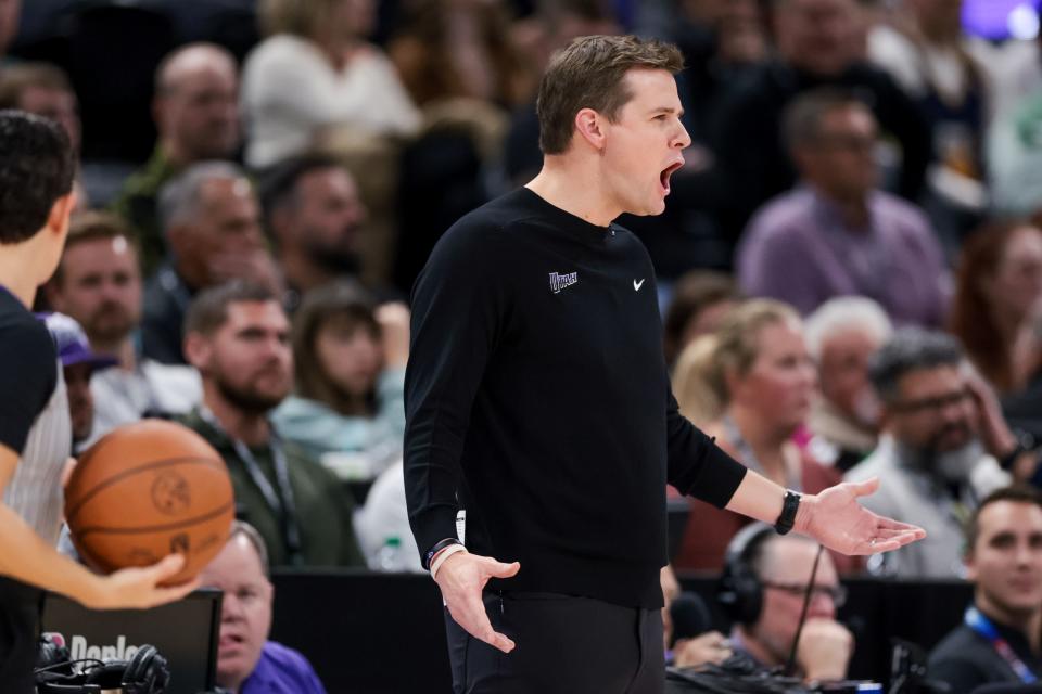 Utah Jazz head coach Will Hardy reacts to a call during the game against the LA Clippers at the Delta Center in Salt Lake City on Friday, Dec. 8, 2023. | Spenser Heaps, Deseret News