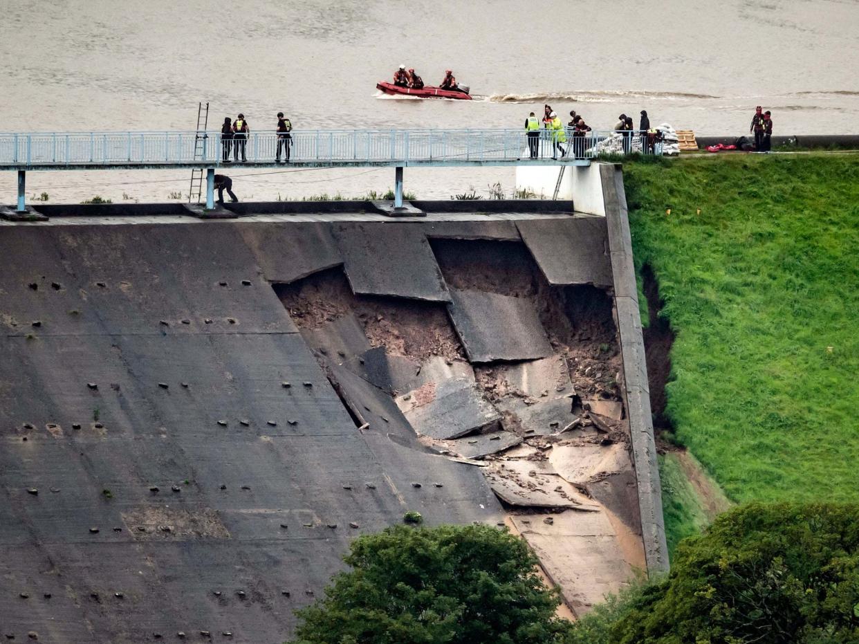 Toddbrook Reservoir near the village of Whaley Bridge, Derbyshire, after it was damaged in heavy rainfall: PA