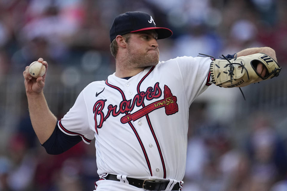 Atlanta Braves starting pitcher Bryce Elder throws to a Minnesota Twins batter during the first inning of a baseball game Tuesday, June 27, 2023, in Atlanta. (AP Photo/John Bazemore)