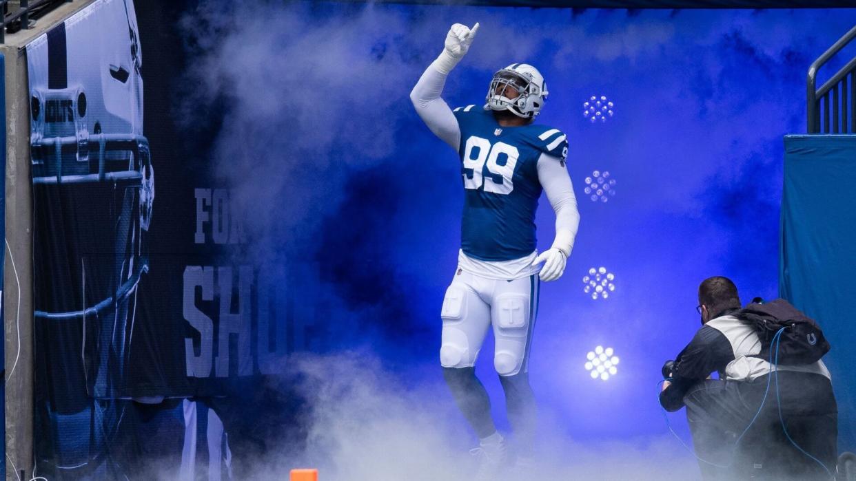 Mandatory Credit: Photo by Zach Bolinger/AP/Shutterstock (10964125jk)Indianapolis Colts defensive tackle DeForest Buckner (99) runs onto the field for starting lineups during an NFL football game between the Indianapolis Colts and Cincinnati Bengals, in IndianapolisBengals Colts Football, Indianapolis, United States - 18 Oct 2020.